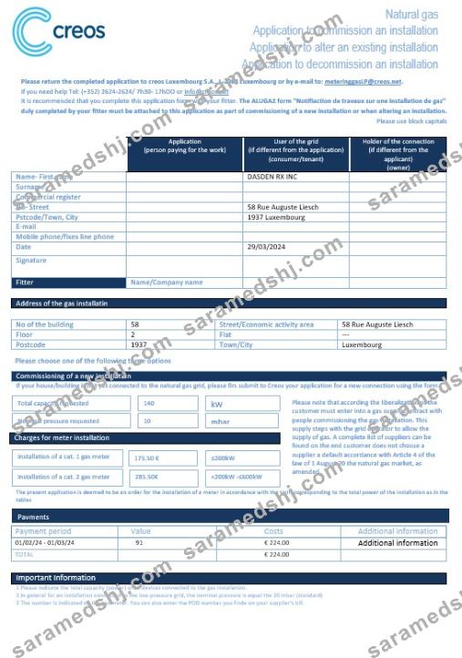 Luxembourg Creos gas business utility bill template in Word and PDF formats